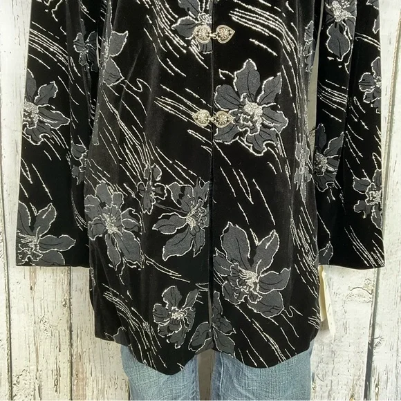 NWT Vintage JBS LTD Velvet & Silver Glitter Flowers Asian Style Tunic Top - Picture 3 of 9